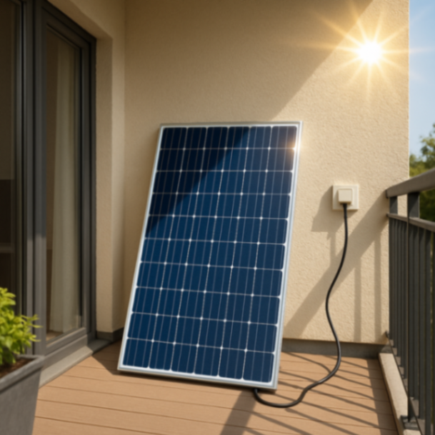 Ein Balkon mit einem PV-Solarmodul, ein Kabel führt von dem Modul zu einer handelsüblichen Außensteckdose an der Wand. Die Sonne scheint auf das Solarmodul.