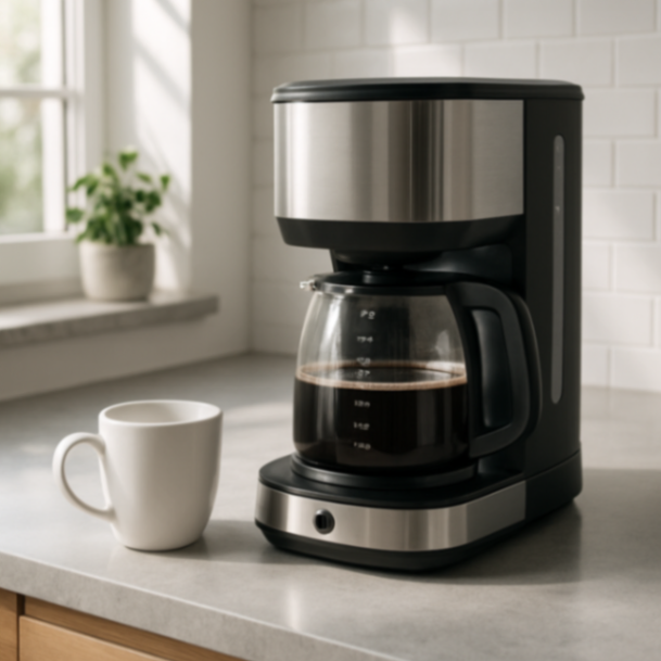 Eine moderne Küchenarbeitsplatte mit einer elektrischen Kaffeemaschine und einer Kaffeetasse darauf, beleuchtet von natürlichem Tageslicht.