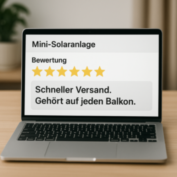 Ein Foto eines Laptops, auf dessen Bildschirm eine Webseite mit einer 5-Sterne-Bewertung für eine Mini-Solaranlage zu sehen ist; der hervorgehobene Kommentar lautet: „Schneller Versand. Gehört auf jeden Balkon.“