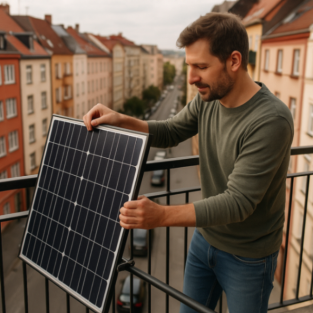 Ein Mann befestigt ein Solarpanel am Balkongeländer einer Stadtwohnung, im Hintergrund sind Häuser und Straßen zu sehen.