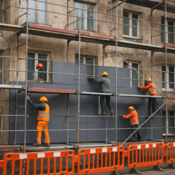 Mehrere Bauarbeiter montieren Dämmplatten an die Fassade eines alten Mehrfamilienhauses, Gerüst und Baustellenabsperrungen sind zu sehen.