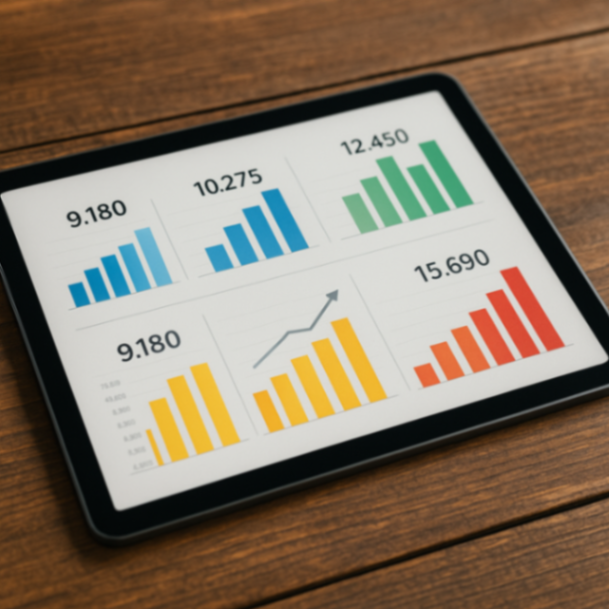 Ein Tablet liegt auf einem Holztisch und zeigt eine übersichtliche Grafik mit farbigen Balkendiagrammen und Zahlwerten.