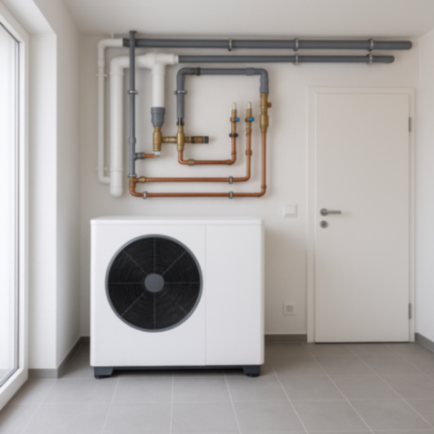 Eine moderne Wärmepumpe steht sauber installiert in einem hellen, aufgeräumten Technikraum eines frisch renovierten Hauses.