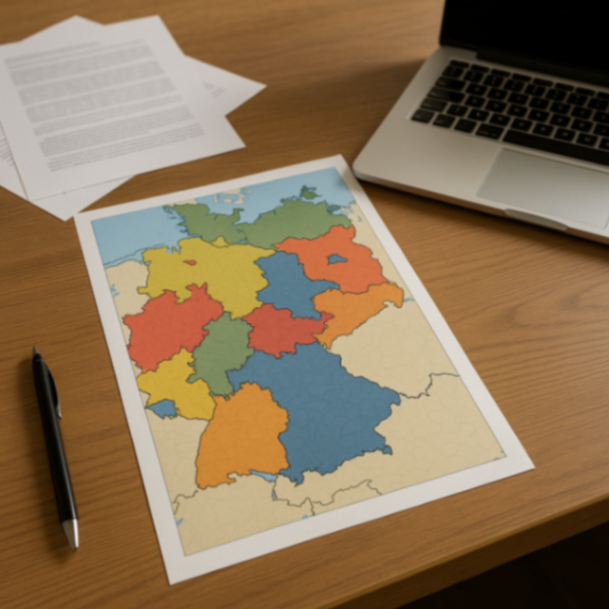 Eine realistische Deutschlandkarte mit klar abgetrennten Bundesländern, auf einem Schreibtisch mit Papierdokumenten und einem Laptop daneben.
