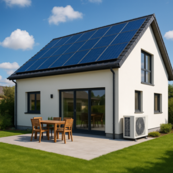 Ein modernes Einfamilienhaus mit einer kleinen Außeneinheit einer Wärmepumpe auf der Terrasse und Solarpaneelen auf dem Hausdach an einem sonnigen Tag.