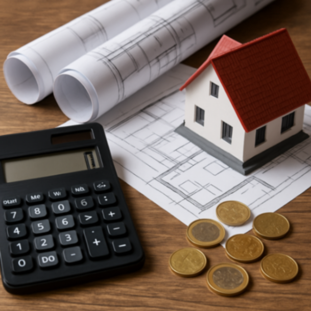 Eine realistische Nahaufnahme von Händen, die verschiedene Energierechnungen für Wärmepumpe, Gas, Öl und Fernwärme auf einem Tisch vergleichen. Daneben liegt ein Ausdruck mit CO₂-Emissionswerten.