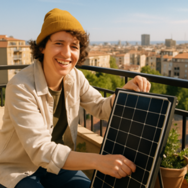Eine lächelnde Person befestigt ein Solarmodul auf einem sonnigen Balkon mit Blick auf eine Stadt im Hintergrund.