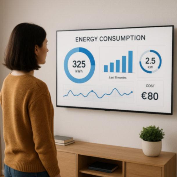 Eine Person betrachtet einen modernen, wandmontierten Bildschirm im Wohnzimmer, auf dem übersichtlich Diagramme und Zahlen zu Energieverbrauch angezeigt werden.