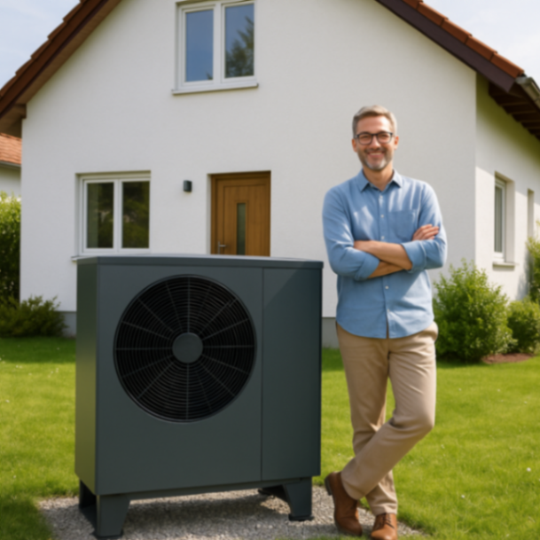 Ein Hauseigentümer steht entspannt vor seinem Einfamilienhaus neben einer modernen Außeneinheit einer Wärmepumpe.