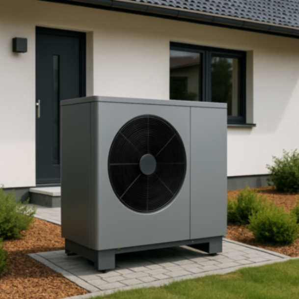 Eine moderne Wärmepumpe steht im Vorgarten eines Einfamilienhauses. Sie ist aus Metall, sauber und realistisch fotografiert.