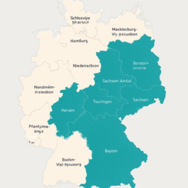 Eine Deutschlandkarte im Infografik-Stil, auf der mehrere Bundesländer farblich hervorgehoben sind. Schlichte, klare Beschriftungen der Bundesländer. Keine Fantasieelemente.