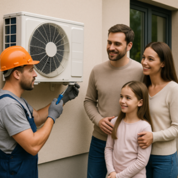 Ein Facharbeiter steht neben einer Hauswand und arbeitet an einer Außeneinheit, während eine Familie ihn dabei aus kurzer Entfernung beobachtet.