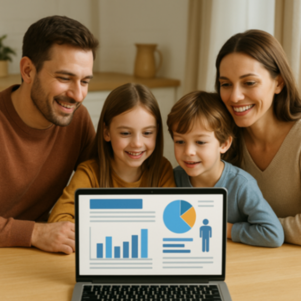 Eine Familie sitzt gemeinsam vor einem Laptop am Esstisch und betrachtet eine Webseite mit Informationsgrafiken.