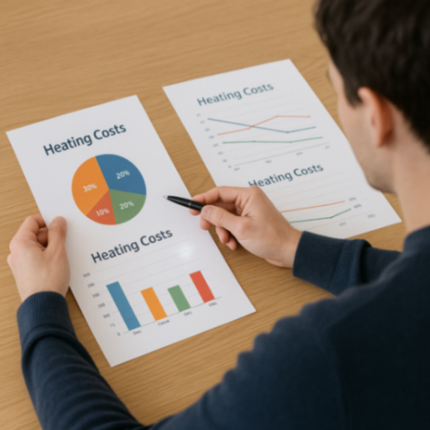 Eine Person sitzt an einem Tisch vor ausgedruckten Diagrammen und vergleicht verschiedene Heizkosten auf den Blättern.