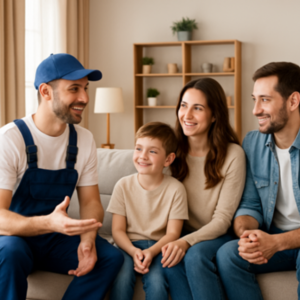 Ein Handwerker spricht mit einer Familie im gut beleuchteten Wohnzimmer. Alle sitzen entspannt auf dem Sofa und unterhalten sich freundlich.