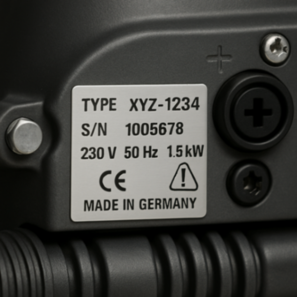 Nahaufnahme eines technischen Geräts mit sichtbarem Typenschild und Kennzeichnungen.