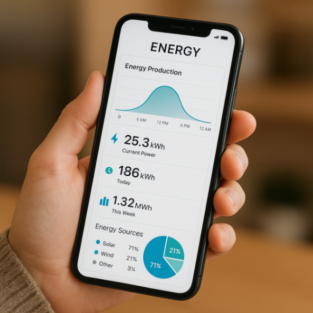 Eine Person hält ein Smartphone in der Hand, auf dessen Bildschirm eine übersichtliche App mit Diagrammen und Zahlen zu Energieerzeugung zu sehen ist.