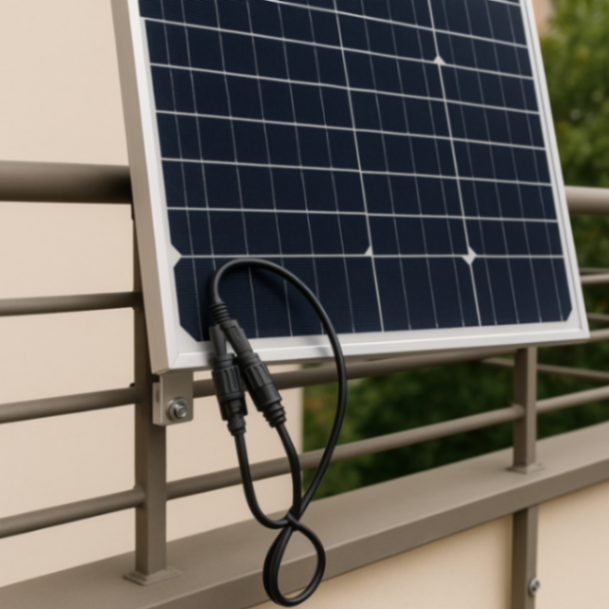 Ein nah aufgenommenes Foto eines Solarpanels an einem Balkon, mit sichtbaren Anschlusskabeln und Montagematerial.