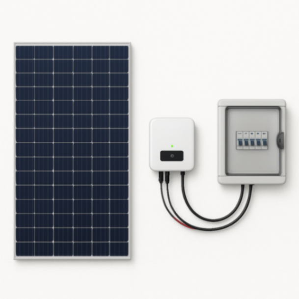 Ein Solarpanel ist mit einem kleinen Wechselrichter verbunden, von dem Kabel zu einem Hausanschlusskasten führen. Das Bild zeigt alle Komponenten nebeneinander auf einem weißen Hintergrund.