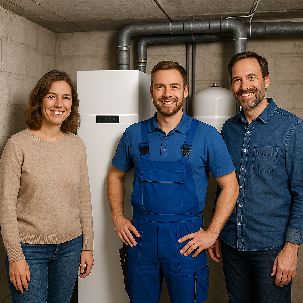 Ein Techniker steht in einem modernen Heizungsraum und bedient die Steuerung einer Wärmepumpe mit Solarpanel-Anzeige, daneben sind Rohre und Ventile sichtbar.