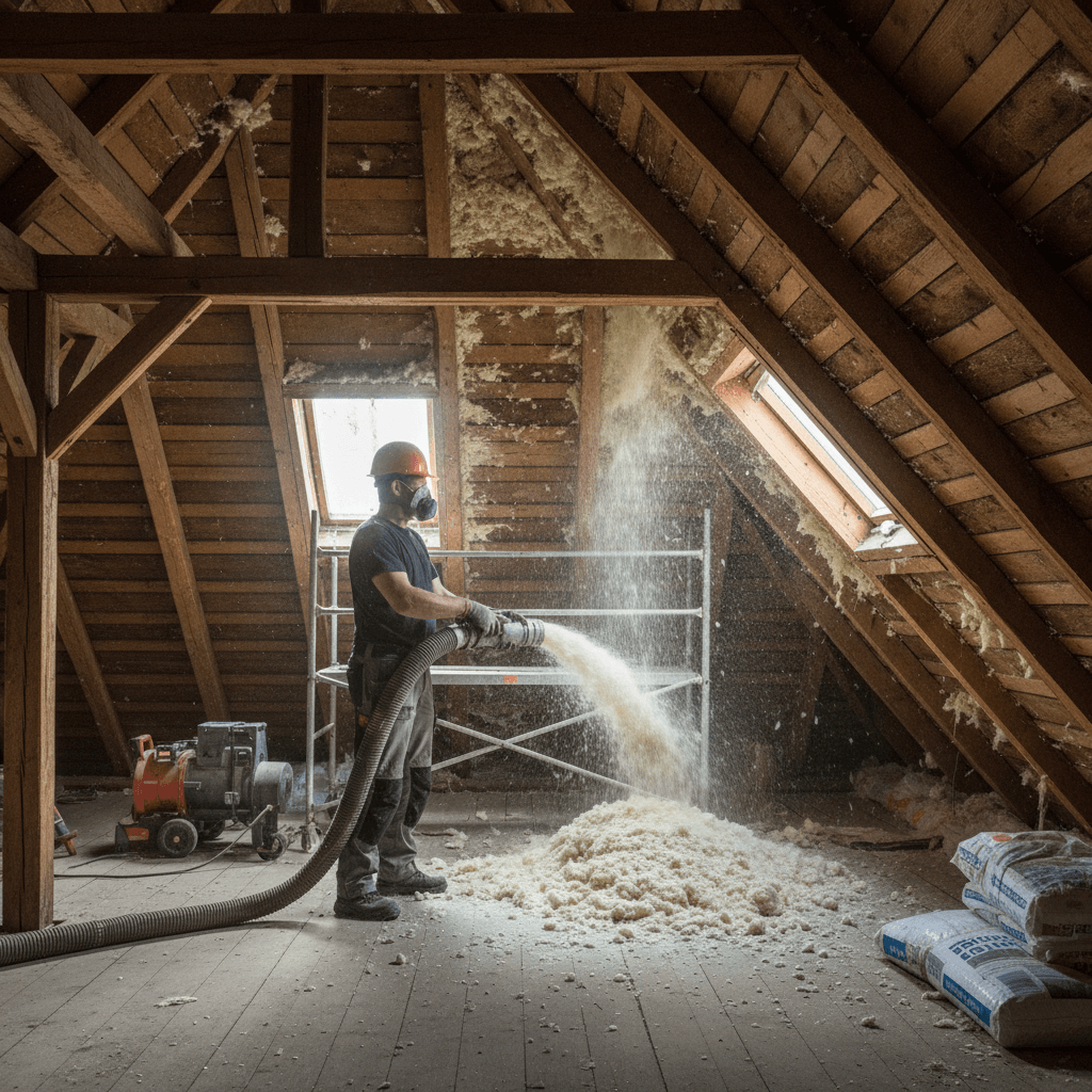 Ein Bauarbeiter füllt eine Dachschräge eines Altbaus mit losem Dämmmaterial aus Zellulose, umgeben von typischen Dachbalken.