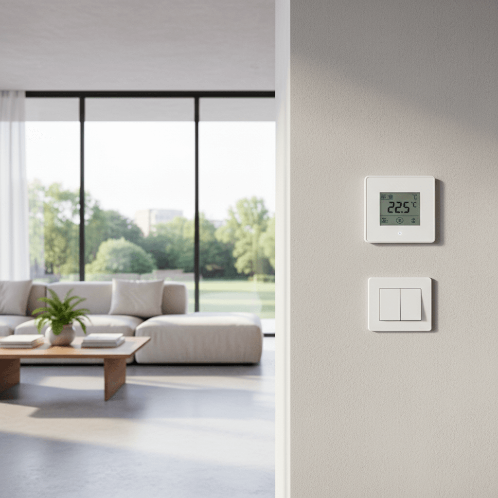 Ein moderner Wohnraum bei Tageslicht mit sichtbar montiertem Wandthermostat und Lichtschalter, im Hintergrund große Fenster, natürliches Licht fällt in den Raum.