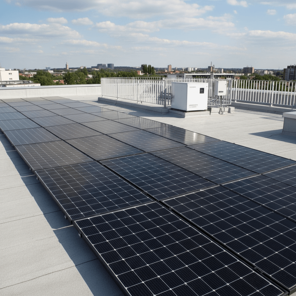 Eine moderne Solaranlage auf einem frisch renovierten Flachdach, im Sonnenlicht, mit sichtbaren Solarpanelen und einem Batteriespeicher in einem technischen Bereich auf dem Dach.