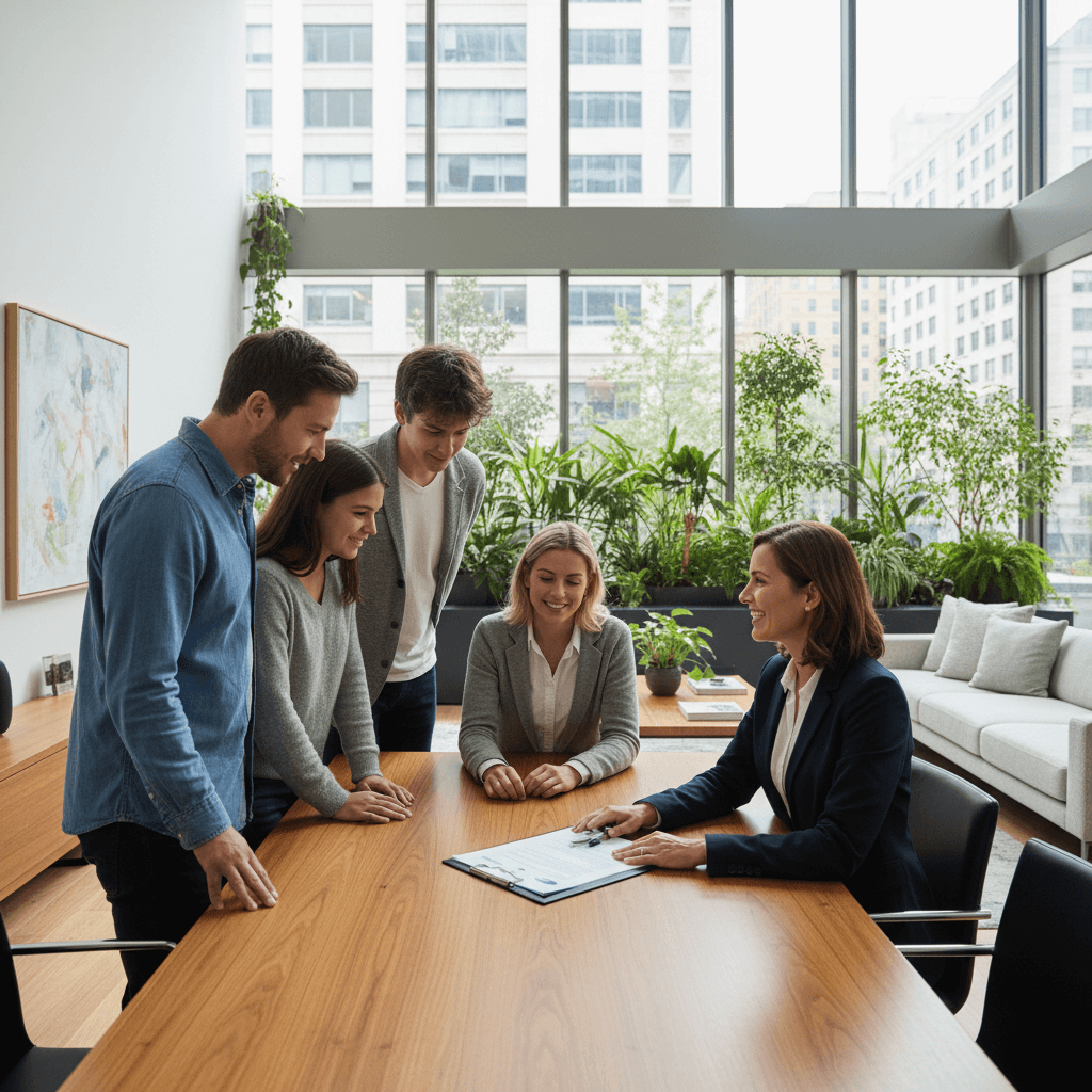 Eine Familie steht in einem modernen Wohnzimmer an einem Holztisch, auf dem ein offizielles Dokument liegt. Eine Beraterin lächelt und erklärt der Familie freundlich das Papier. Im Hintergrund sind große Fenster und Pflanzen zu sehen.