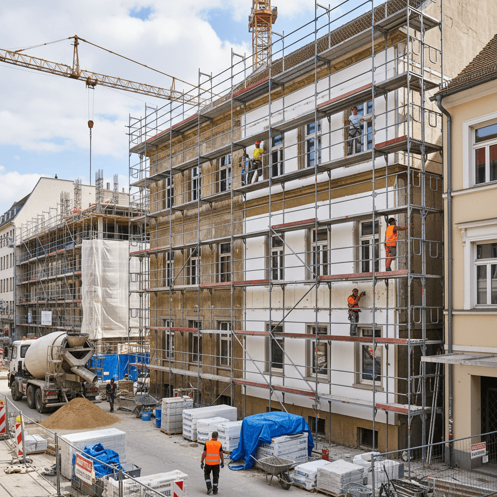 Mehrere Handwerker auf einem Gerüst bringen Dämmplatten an die Außenwand eines Altbaus an, Baumaterialien liegen bereit, die Umgebung wirkt wie eine belebte Baustelle.