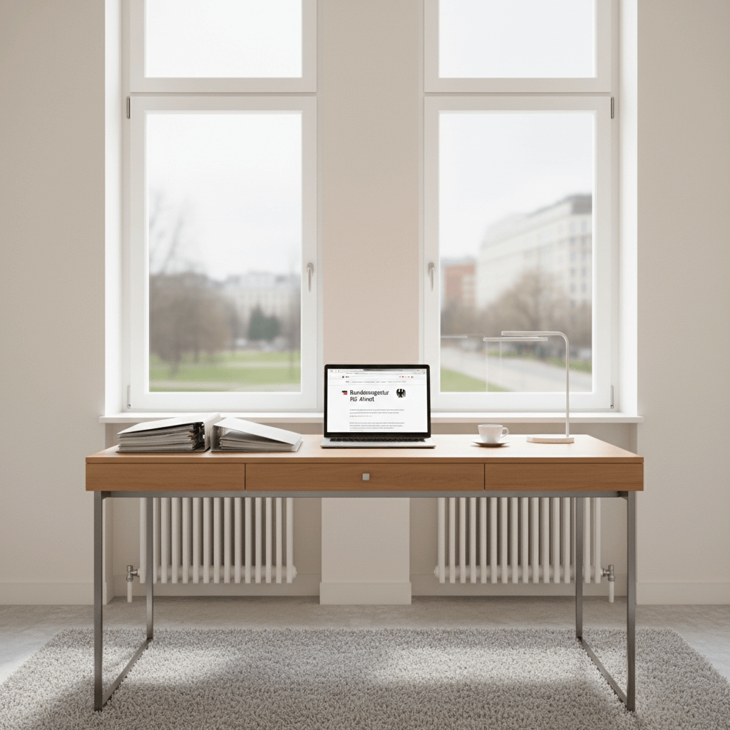 Moderner Schreibtisch in einem hellen Wohnraum, darauf liegen geordnete Dokumente, ein Laptop zeigt eine Behördenwebseite, im Hintergrund große Fenster und ein Heizkörper.