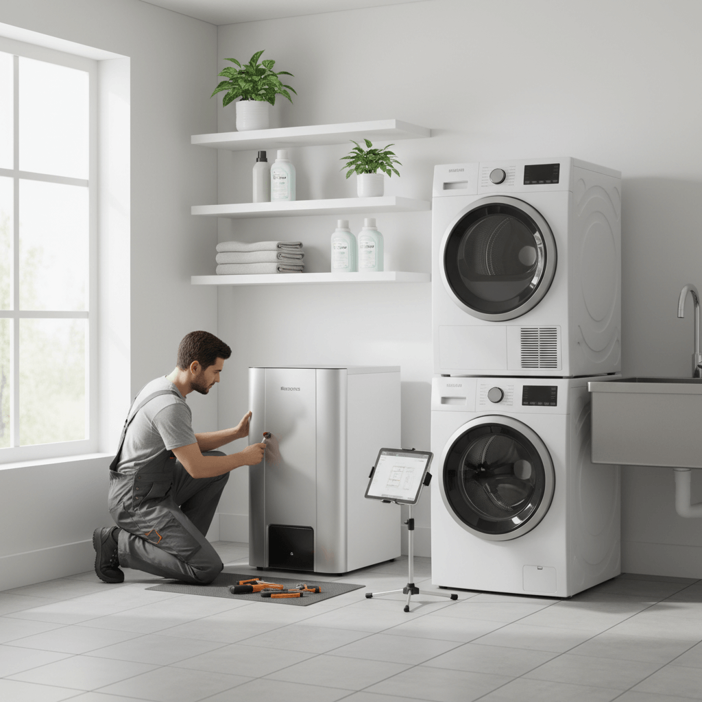 Ein Servicetechniker arbeitet an einer Wärmepumpe in einem modernen, hellen Hauswirtschaftsraum mit aufgeräumten Regalen und Haushaltsgeräten im Hintergrund.