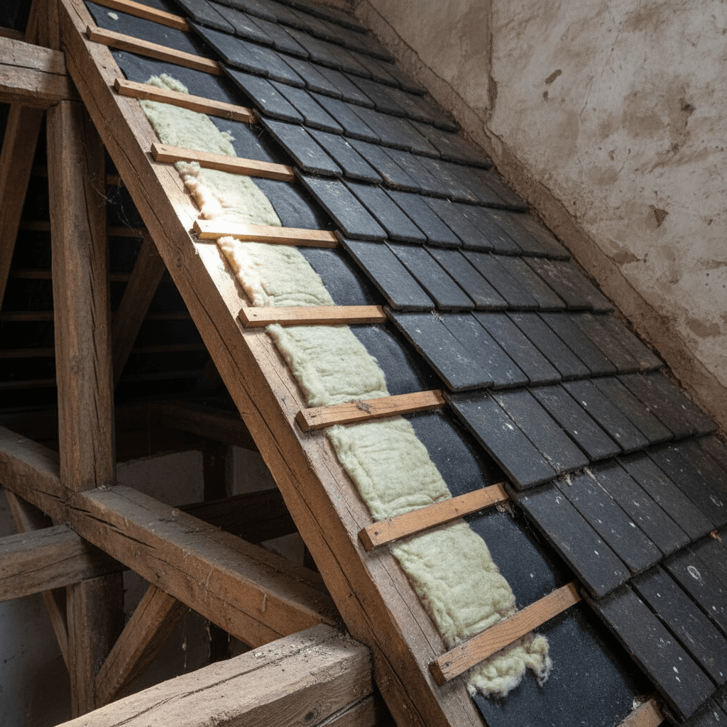 Schwarze Dachziegel bedecken ein geneigtes Dach, darunter sind im Querschnitt freigelegte Sparren und eine Schicht mineralische Dämmung in einem Altbau Dachstuhl sichtbar.